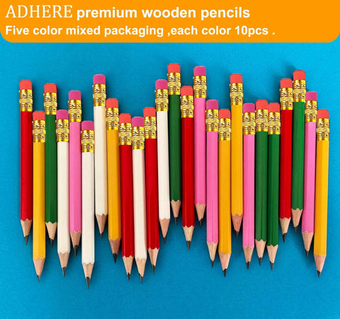 Premium 25-Pack Hexagonal Wooden Golf Pencils with Built-In Erasers and Graphite 2B Lead in assorted colors against blue.
