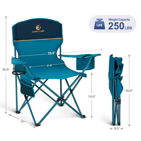 Two Pack Folding Camp Chairs With Built In Four Can Cooler, Cup Holder, Storage Pocket, 250 Lb Capacity, Lightweight Collapsible Lawn Chairs