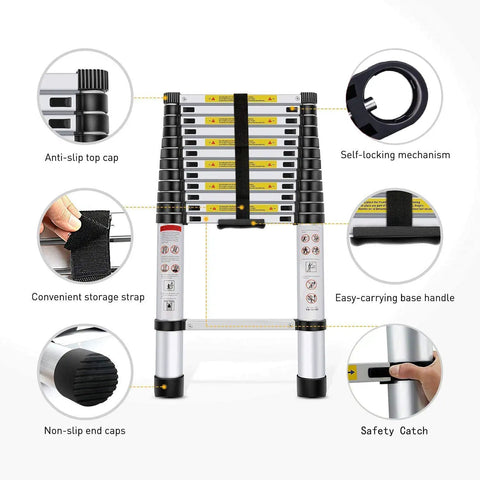 Aluminum Telescoping Extension Ladder 16.5 Feet Portable Multi Purpose Indoor Outdoor Ladder With 330 Lb Capacity No Fuss Lightweight Foldable Compact Storage Easy Locking Safe Step, details and features labeled including anti-slip caps and self-locking mechanism.