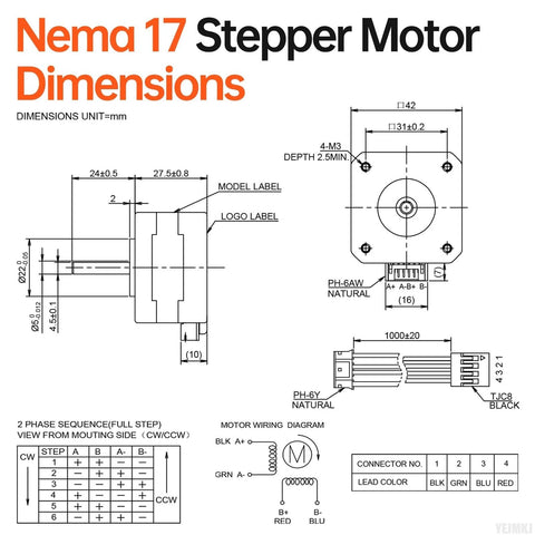 NEMA 17 stepper motor dimensions diagram showing front and side views with wiring schematic.