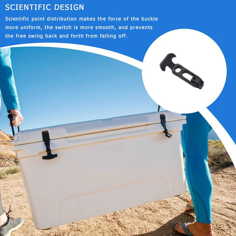 Rock Solid Rubber Hood Catch Latches with Mounting Brackets securing a white outdoor cooler in a sunny landscape.