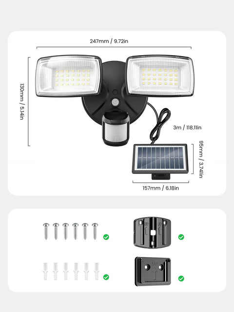 Onforu 36W Solar LED Security Lights, PIR Motion Sensor Outdoor, Yard with dimensions, solar panel and mounting accessories