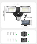 Onforu 36W Solar LED Security Lights, PIR Motion Sensor Outdoor, Yard with dimensions and installation accessories shown.