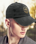 Man wearing low profile lightweight men's golf hat with breathable vent eyelets and sweatband for all day comfort perfect for fishing hiking bush walking and everyday sports.