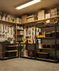 Beefy Four Tier Garage Storage Shelves With 2560 Lb Capacity 640 Lb Per Shelf 48 Inches Wide 24 Inches Deep 60 Inches High Heavy Duty Steel Frame And Thick MDF Shelves For Tools Bins And Bulk Storage in a garage workshop