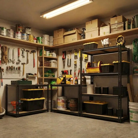 Beefy Four Tier Garage Storage Shelves With 2560 Lb Capacity 640 Lb Per Shelf 48 Inches Wide 24 Inches Deep 60 Inches High Heavy Duty Steel Frame And Thick MDF Shelves For Tools Bins And Bulk Storage in a garage workshop