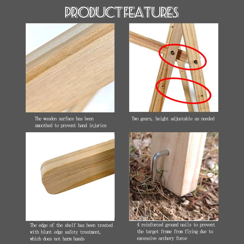 Backyard Archery Target Stand With Adjustable Heights And Ground Pegs, features smooth pine wood and adjustable gear.