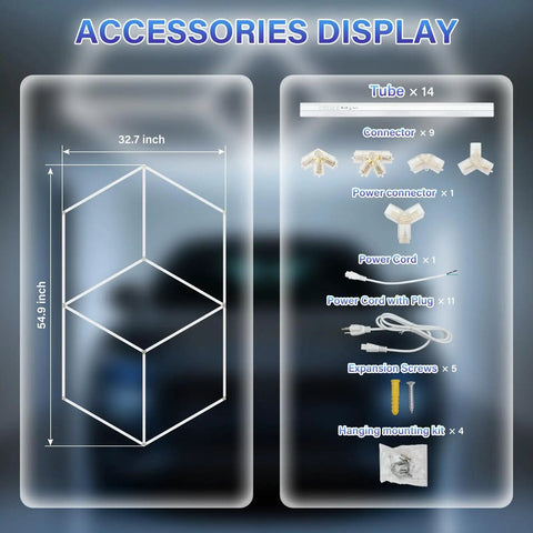 Accessories for Hexagon LED Garage Light With Aluminum Hex Ceiling Mount, including connectors, tubes, and power cords.
