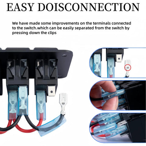 Close-up of 8 Gang Off Road Waterproof Rocker Switch Panel with SPST connectors, highlighting easy clip disconnection.