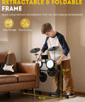 Boy setting up Electronic Drum Set With USB MIDI, Type-C Charging, Built-In Metronome, 64 Polyphony, foldable frame.