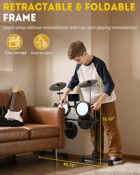 Boy setting up Electronic Drum Set With USB MIDI, Type-C Charging, Built-In Metronome, 64 Polyphony, foldable frame.
