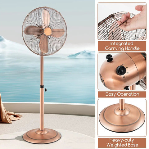 16 Inch Metal Pedestal Fan With Adjustable Height, 3 Speed Options, 75 Degree Oscillation And 20 Degree Tilt, Copper Finish