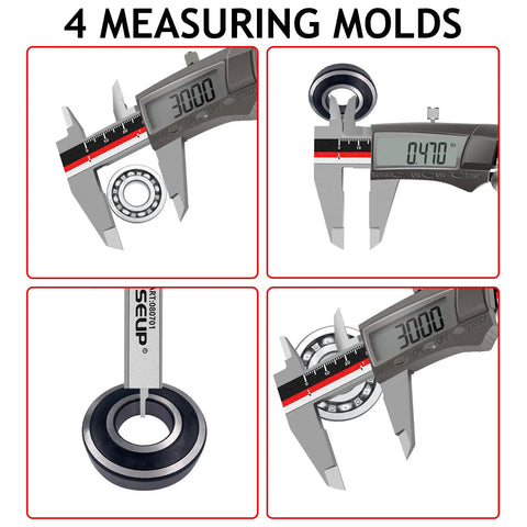 Pro Grade Digital Caliper With Stainless Steel Body Waterproof Dustproof 6 Inch 150 mm Vernier Caliper measuring various objects.