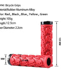Skull Style Lock On Bicycle Handlebar Grips Set Soft Rubber Anti Slip For Mountain And BMX Bikes TPR Comfort Grips showing red rubber grips with skull patterns, dimensions and materials listed.