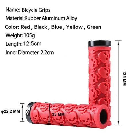 Skull Style Lock On Bicycle Handlebar Grips Set Soft Rubber Anti Slip For Mountain And BMX Bikes TPR Comfort Grips showing red rubber grips with skull patterns, dimensions and materials listed.