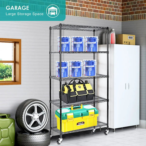 Total Workhorse Five Tier Black Wire Shelving Rack With Smooth Rollers Fully Adjustable NSF Certified Metal Storage Unit For Kitchen Pantry Garage Go Anywhere Rolling Caster Shelves Haul Three Hundred Thirty Pounds
