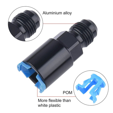 6AN Male to Three Eighths Inch SAE Quick Disconnect EFI Fuel Rail Fitting, Female Push On, Aluminum 6061-T6, Sealed at 37 Degree