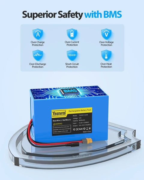 Power-Packed 12.8V LiFePO4 Battery Pack With Built-In 15A BMS 9Ah Capacity 14.6V 2A Fast Charger XT60 Connector, safety labels visible