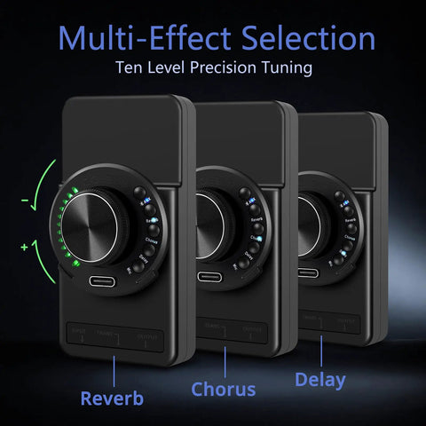 Close-up of multi-effect selection knobs for Dual Pickup Acoustic Guitar System with Piezo and Built-In Microphone.