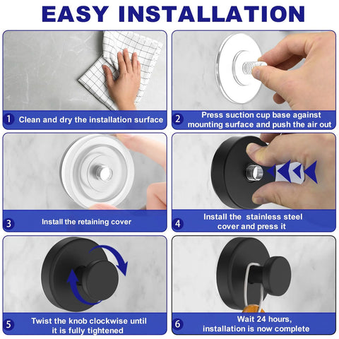 Installation guide for Vacuum Suction Cup Hooks For Shower And Bathroom Removable Towel Hooks, step-by-step visuals.
