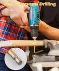 Hands holding a drill with Titanium Coated HSS Twist Drill Bits Set, 8 Piece Hex Shank with Serrated Cutting drilling wood.