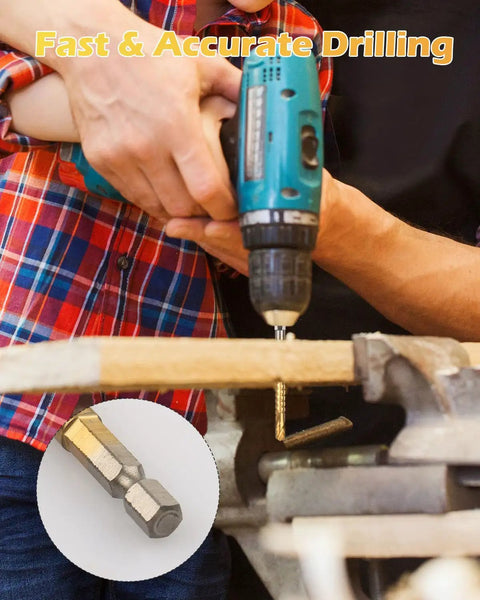 Hands holding a drill with Titanium Coated HSS Twist Drill Bits Set, 8 Piece Hex Shank with Serrated Cutting drilling wood.
