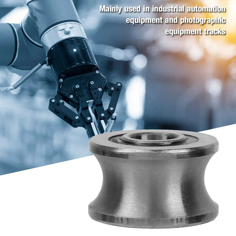 U Shaped Track Roller Bearing Featuring Groove Pulley Design And Heavy Duty Sliding Wheels For Industrial Automation And Photo Gear Runs Super Smooth And Built Tough For Daily Production Use At 8 By 22 Point 5 By 14 Point 5 Millimeters against a robotic arm background.
