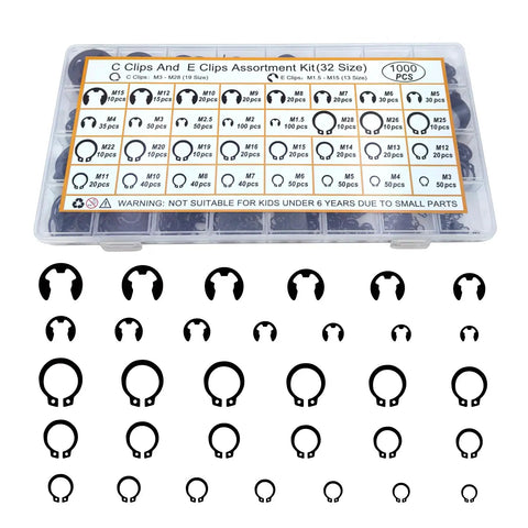 Heavy Duty C And E Clip Assortment Kit With 1000 Pieces, 19 C Clip Sizes From M3 To M28 And 13 E Clip Sizes From 1.5mm To 15mm
