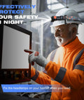 Worker using touchscreen with headlamp secured by Hard Hat Light Clips 20 Pack For Headlamps Cap Style Helmet Mounts With Anti Slip Buckle Secure Headlamp Clips