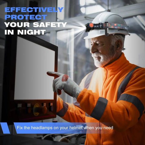 Worker using touchscreen with headlamp secured by Hard Hat Light Clips 20 Pack For Headlamps Cap Style Helmet Mounts With Anti Slip Buckle Secure Headlamp Clips