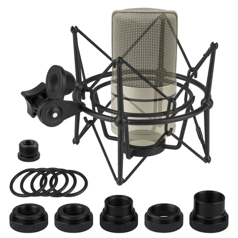For Creators Microphone Shock Mount With Anti Vibration Suspension For MXL 770 990 R77 Tempo V67G 2006 R144 Mics Heavy Duty Elastic Bands Isolates Noise And Vibrations From Stands Black Metal showing mount, bands, adaptors