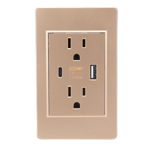 Beast Mode Wall Outlet With USB-C And USB Ports, 15 Amp Receptacle in gold color, featuring dual USB and two standard outlets.