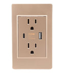 Heavy Duty Wall Outlet With Dual Usb And Type C Charging Ports, 15 Amp Electrical Receptacle in gold color, featuring two outlets.