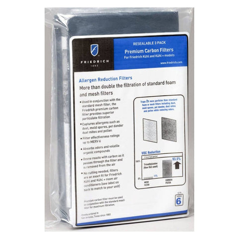 Image of 3 Pack Carbon Filters for Kuhl and Kuhl Plus Series M Chassis Air Purifiers packaging, showing product details and benefits.
