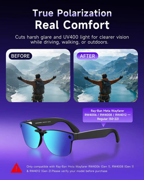 Before and after using Four Pack Polarized Clip On Lenses For Meta Wayfarer Regular Size RW4008 RW4006 RW4012 50 22