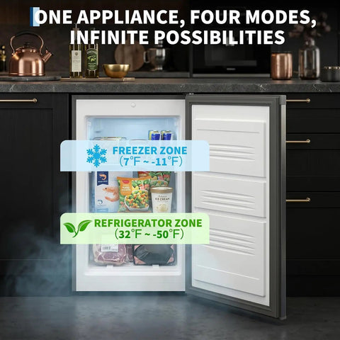3.1 Cu Ft Upright Freezer With Sleek Stainless Steel Finish showing freezer and refrigerator zones, adjustable shelves with frozen foods.