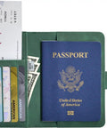 Green Passport Holder With Rfid Blocking And Multiple Card Slots For Smooth Airport Flow And Leisure Travel Adventures. Open view with passport, cards, and boarding pass.