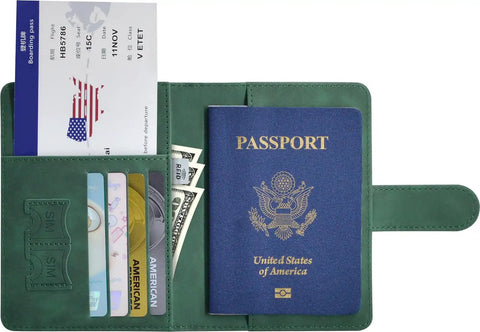 Green Passport Holder With Rfid Blocking And Multiple Card Slots For Smooth Airport Flow And Leisure Travel Adventures. Open view with passport, cards, and boarding pass.