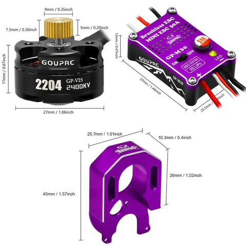 Beefy Torque 2204 2400KV Brushless Outrunner Motor With Transmission And 30A Mini ESC shown in black and purple components