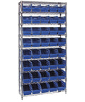 Heavy Duty Workhorse Wire Shelving Rack With Rock Solid Chrome Frame Including 40 Blue Plastic Bins For Garage Workshop Parts Organization System Measuring 74 X 36 X 24 Inches Sturdy Metal Storage Solution with organized blue bins.