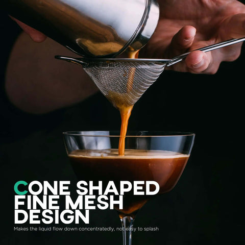 Pouring liquid through 3.3 Inch Fine Mesh Strainer 304 Stainless Steel Cocktail Sieve in a bar setting