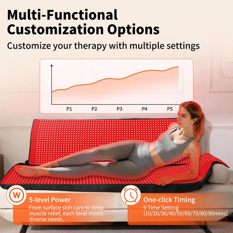 Woman using Full Body Red Light Therapy Mat With 2704 LEDs Dual Wavelength 660nm And 850nm for muscle recovery on couch