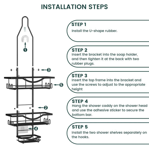 Installation steps for Must Have Overhead Shower Organizer With Adjustable Height Rustproof Caddy With Hooks And Soap Holder