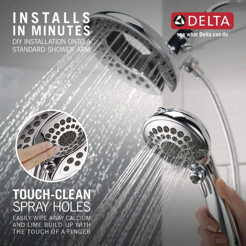 5-Spray Touch-Clean In2ition 2-In-1 Dual Shower Head With Hose In Chrome Detachable Handheld Showerhead sprays water