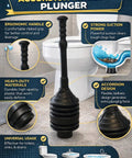 Heavy Duty Accordion Plunger That Nukes Stubborn Blockages Fast In Toilets Sinks Tubs And Showers With A Rock Solid Airtight Seal For Quick Drain Clearing Zero Mess Included Matte Black with ergonomic handle next to toilet.
