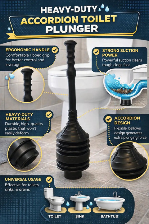 Heavy Duty Accordion Plunger That Nukes Stubborn Blockages Fast In Toilets Sinks Tubs And Showers With A Rock Solid Airtight Seal For Quick Drain Clearing Zero Mess Included Matte Black with ergonomic handle next to toilet.