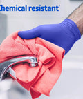 Medium Nitrile Exam Gloves, 300 Pack, Powder Free And Latex Free, Straight Up Soft For Hella Dexterity During Food Prep, Caregiving And Home Cleanups wiping a faucet with a towel.