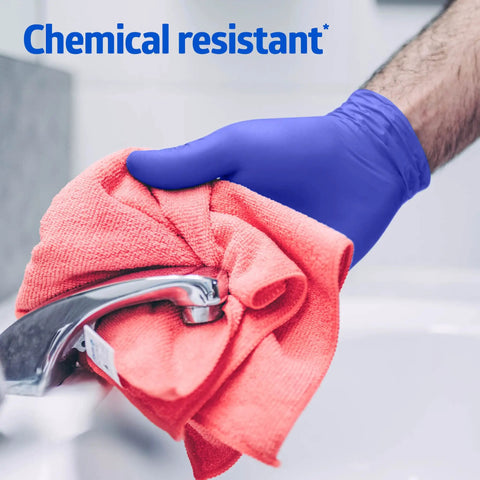 Medium Nitrile Exam Gloves, 300 Pack, Powder Free And Latex Free, Straight Up Soft For Hella Dexterity During Food Prep, Caregiving And Home Cleanups wiping a faucet with a towel.