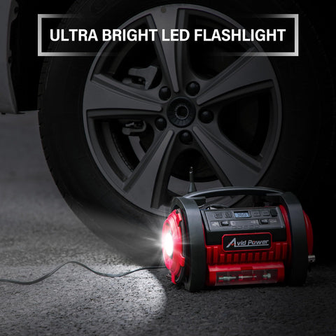 Portable Tire Inflator Air Compressor With Dual Motors, 12V DC And 110V AC, shown with LED light near car tire