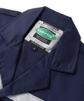 Close-up of navy blue collar of Rugged Lab Coat For Men For DIY And Workshop Jobs, Long Sleeve Painter Smock, size large